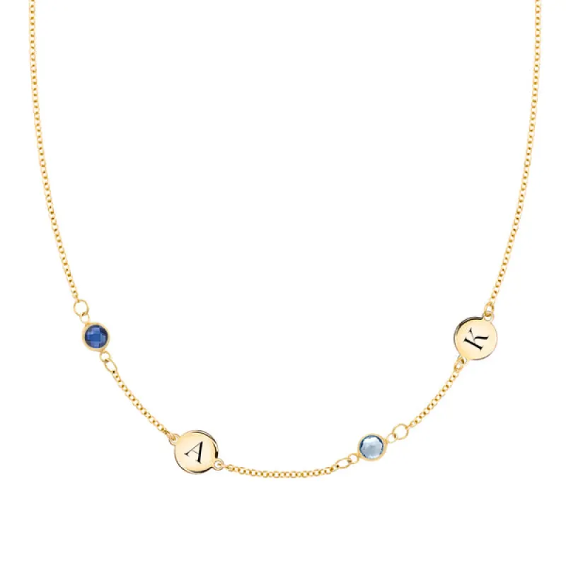 Personalized Classic 2 Letter & 2 Birthstone Necklace in 14k Gold (Double Spacing) sold by Haverhill