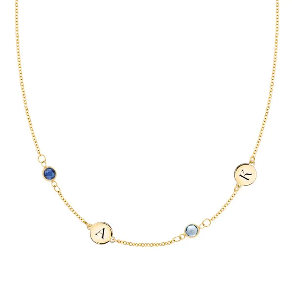 Personalized Classic 2 Letter & 2 Birthstone Necklace in 14k Gold (Double Spacing) sold by Haverhill