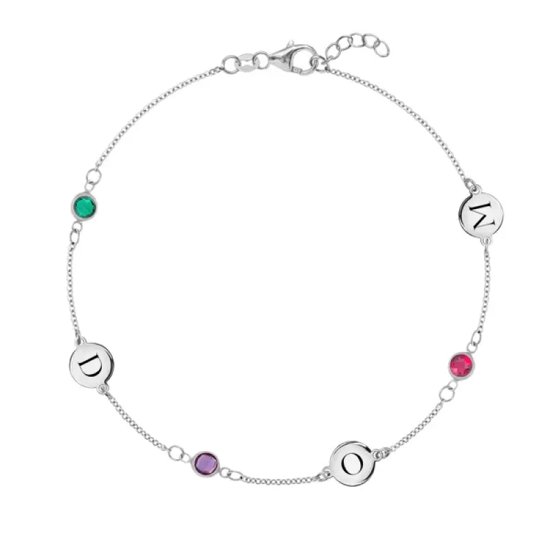 Personalized Classic 3 Letter & 3 Birthstone Bracelet in 14k Gold sold by Haverhill