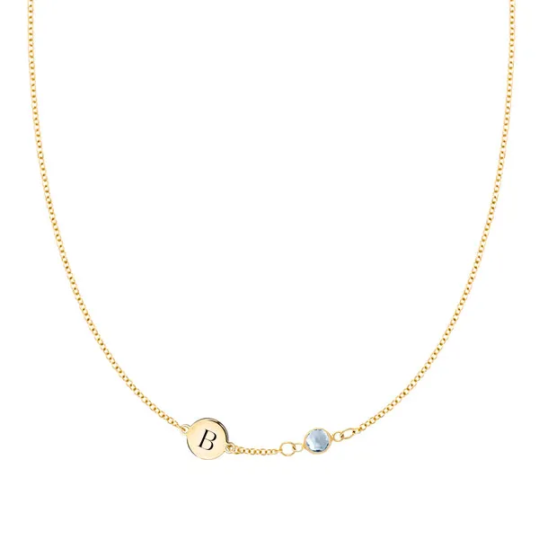 Personalized Classic 1 Letter & 1 Birthstone Necklace in 14k Gold (Single Spacing) sold by Haverhill