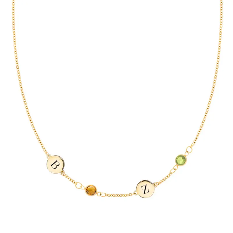 Personalized Classic 2 Letter & 2 Birthstone Necklace in 14k Gold (Single Spacing) sold by Haverhill