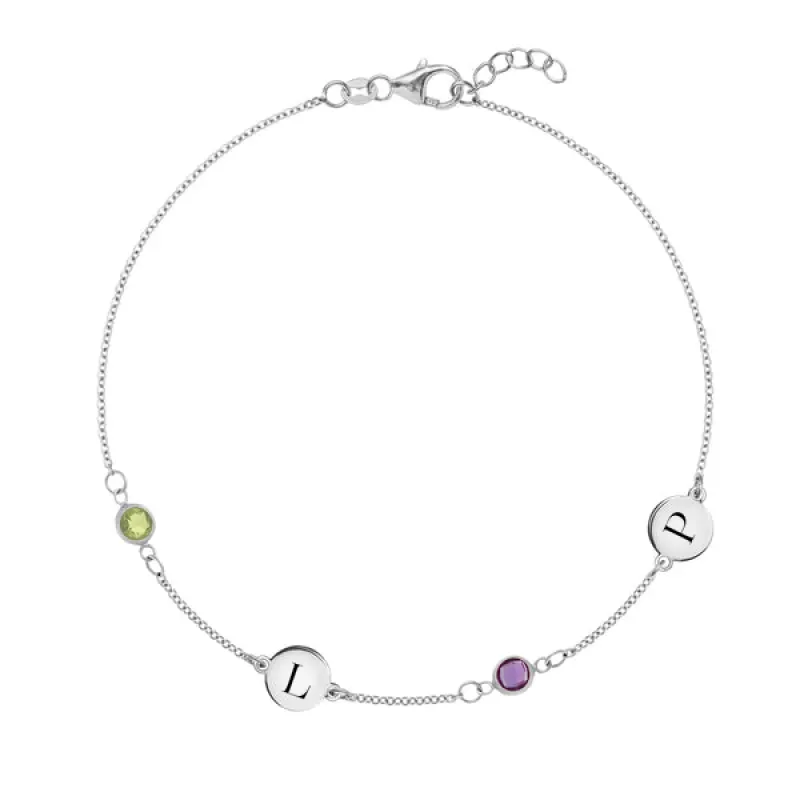 Personalized Classic 2 Letter & 2 Birthstone Bracelet in 14k Gold sold by Haverhill