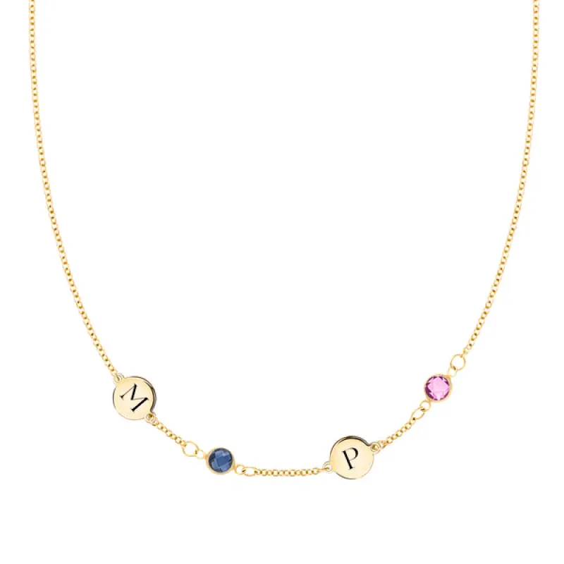 Personalized Classic 2 Letter & 2 Birthstone Necklace in 14k Gold (Single Spacing) sold by Haverhill