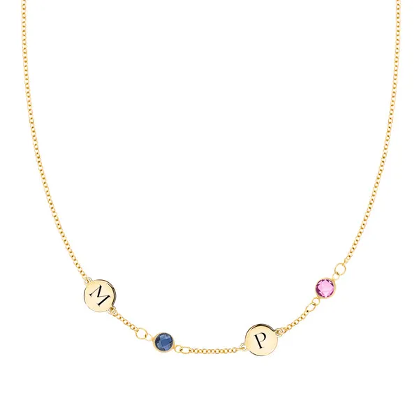 Personalized Classic 2 Letter & 2 Birthstone Necklace in 14k Gold (Single Spacing) sold by Haverhill