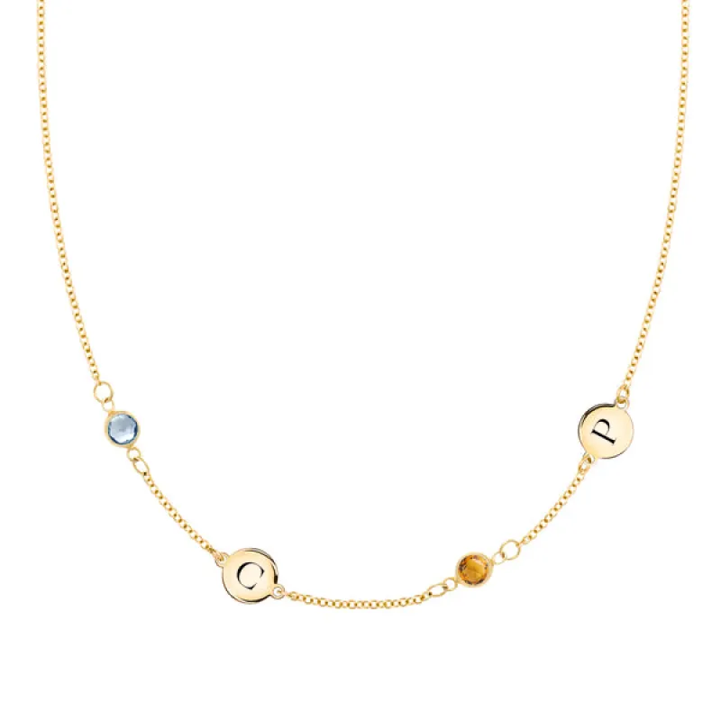 Personalized Classic 2 Letter & 2 Birthstone Necklace in 14k Gold (Double Spacing) sold by Haverhill