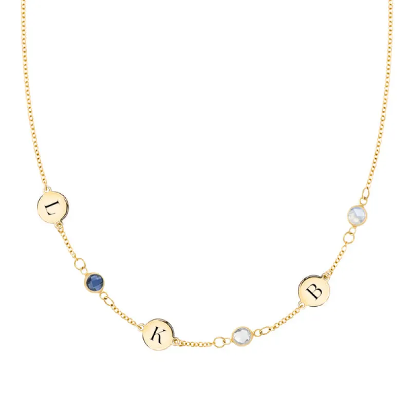 Personalized Classic 3 Letter & 3 Birthstone Necklace in 14k Gold (Single Spacing) sold by Haverhill