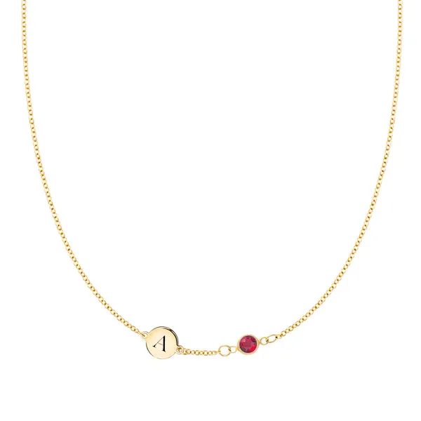 Personalized Classic 1 Letter & 1 Birthstone Necklace in 14k Gold (Single Spacing) sold by Haverhill