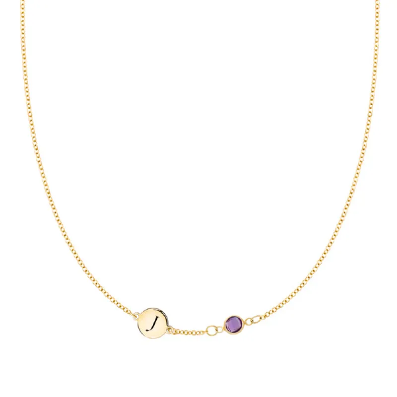 Personalized Classic 1 Letter & 1 Birthstone Necklace in 14k Gold (Single Spacing) sold by Haverhill
