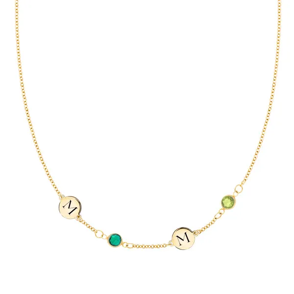Personalized Classic 2 Letter & 2 Birthstone Necklace in 14k Gold (Single Spacing) sold by Haverhill
