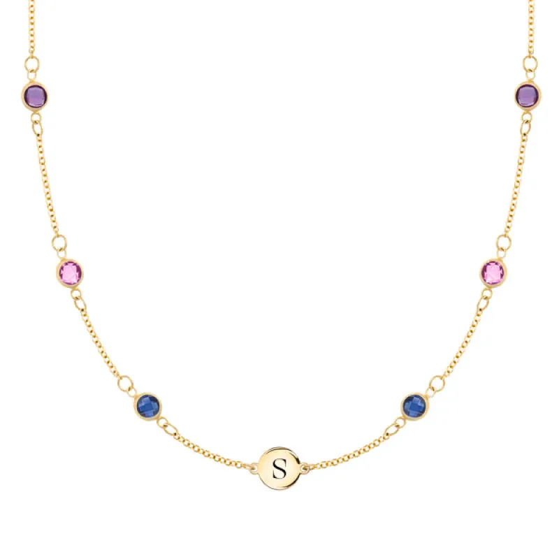 Personalized Classic 1 Letter & 6 Birthstone Necklace in 14k Gold (Double Spacing) sold by Haverhill