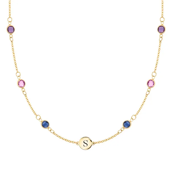 Personalized Classic 1 Letter & 6 Birthstone Necklace in 14k Gold (Double Spacing) sold by Haverhill