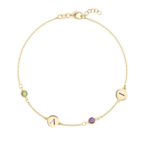 Personalized Classic 2 Letter & 2 Birthstone Bracelet in 14k Gold sold by Haverhill