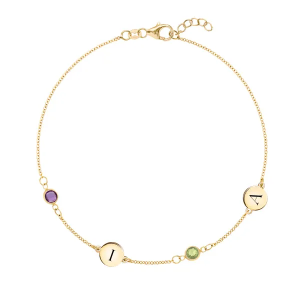 Personalized Classic 2 Letter & 2 Birthstone Bracelet in 14k Gold sold by Haverhill