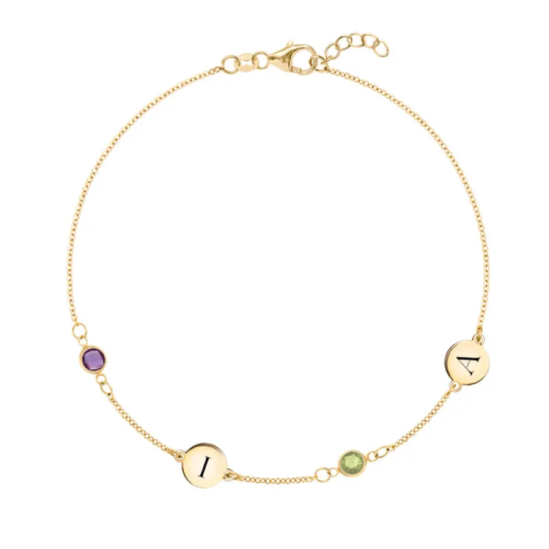 Personalized Classic 2 Letter & 2 Birthstone Bracelet in 14k Gold sold by Haverhill