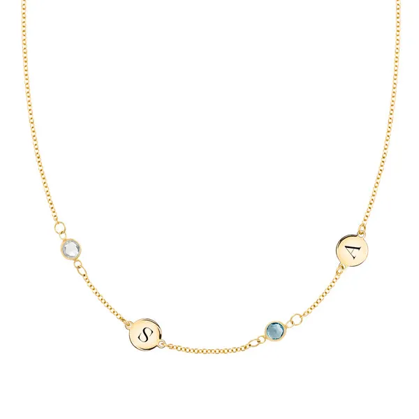 Personalized Classic 2 Letter & 2 Birthstone Necklace in 14k Gold (Double Spacing) sold by Haverhill