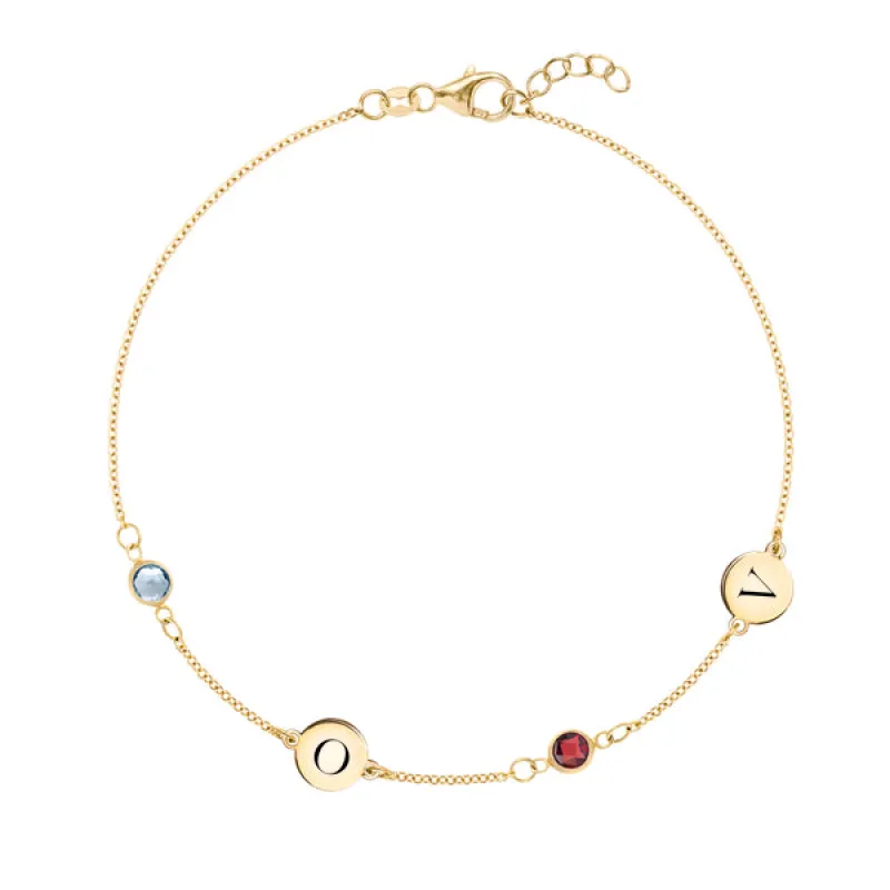 Personalized Classic 2 Letter & 2 Birthstone Bracelet in 14k Gold sold by Haverhill