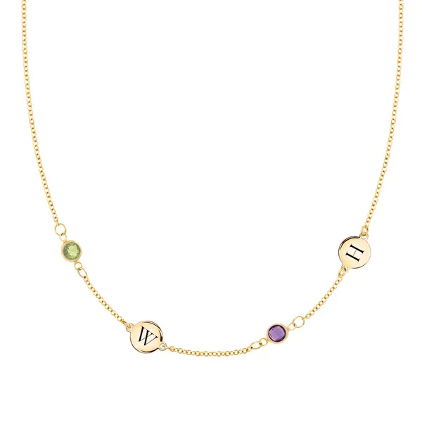Personalized Classic 2 Letter & 2 Birthstone Necklace in 14k Gold (Double Spacing) sold by Haverhill