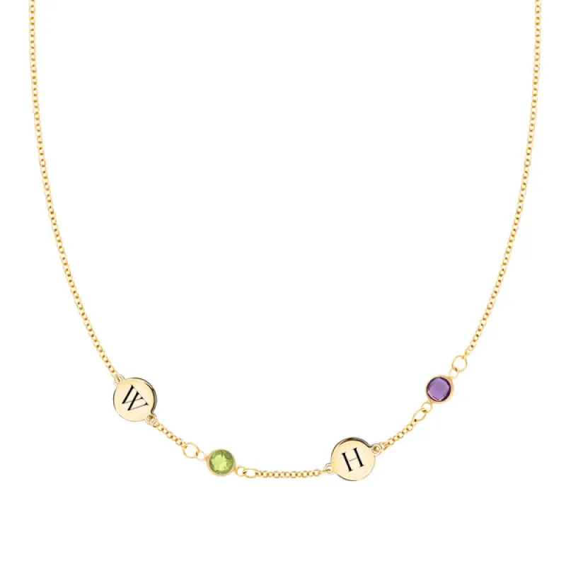Personalized Classic 2 Letter & 2 Birthstone Necklace in 14k Gold (Single Spacing) sold by Haverhill