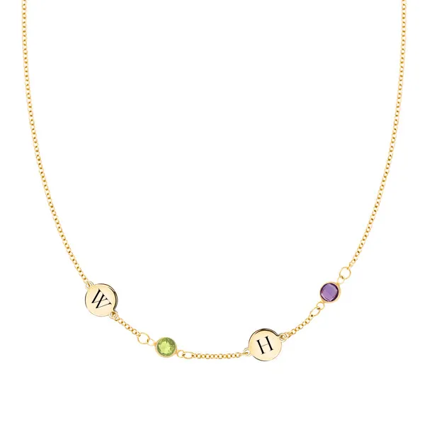 Personalized Classic 2 Letter & 2 Birthstone Necklace in 14k Gold (Single Spacing) sold by Haverhill