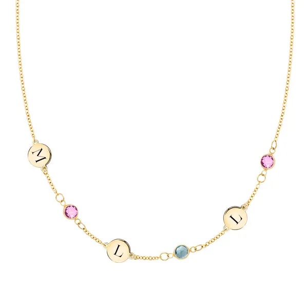 Personalized Classic 3 Letter & 3 Birthstone Necklace in 14k Gold (Single Spacing) sold by Haverhill