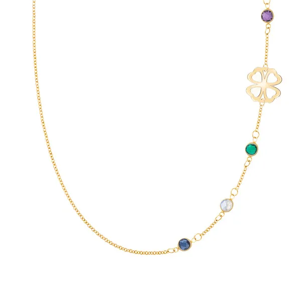 Personalized Classic Clover & 4 Birthstone Necklace in 14k Gold sold by Haverhill