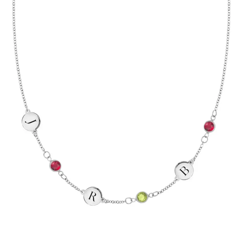 Personalized Classic 3 Letter & 3 Birthstone Necklace in 14k Gold (Single Spacing) sold by Haverhill