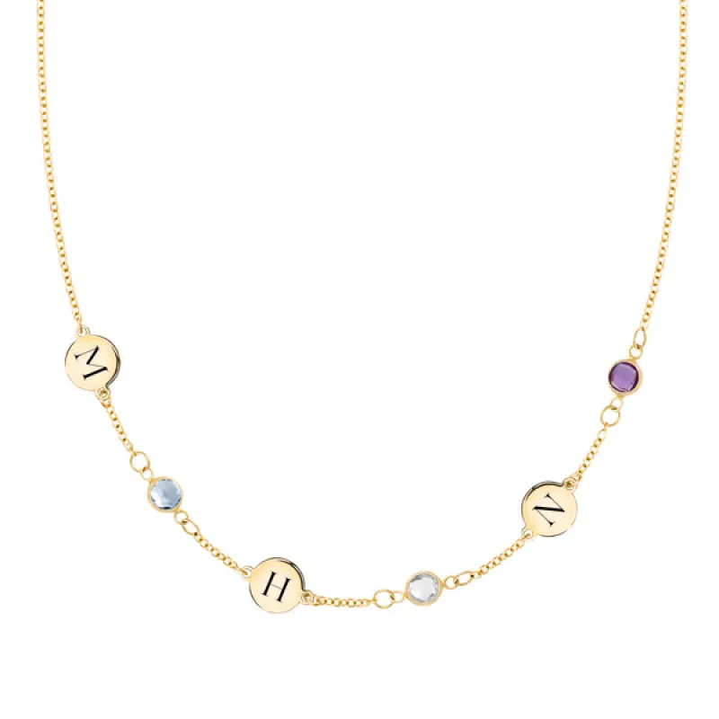 Personalized Classic 3 Letter & 3 Birthstone Necklace in 14k Gold (Single Spacing) sold by Haverhill