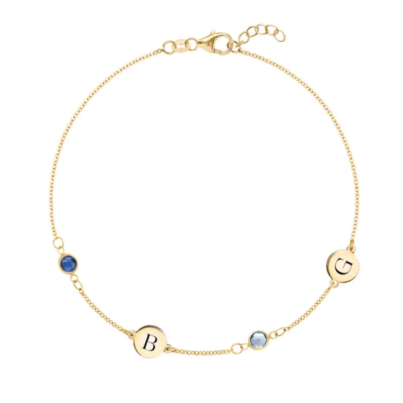 Personalized Classic 2 Letter & 2 Birthstone Bracelet in 14k Gold sold by Haverhill