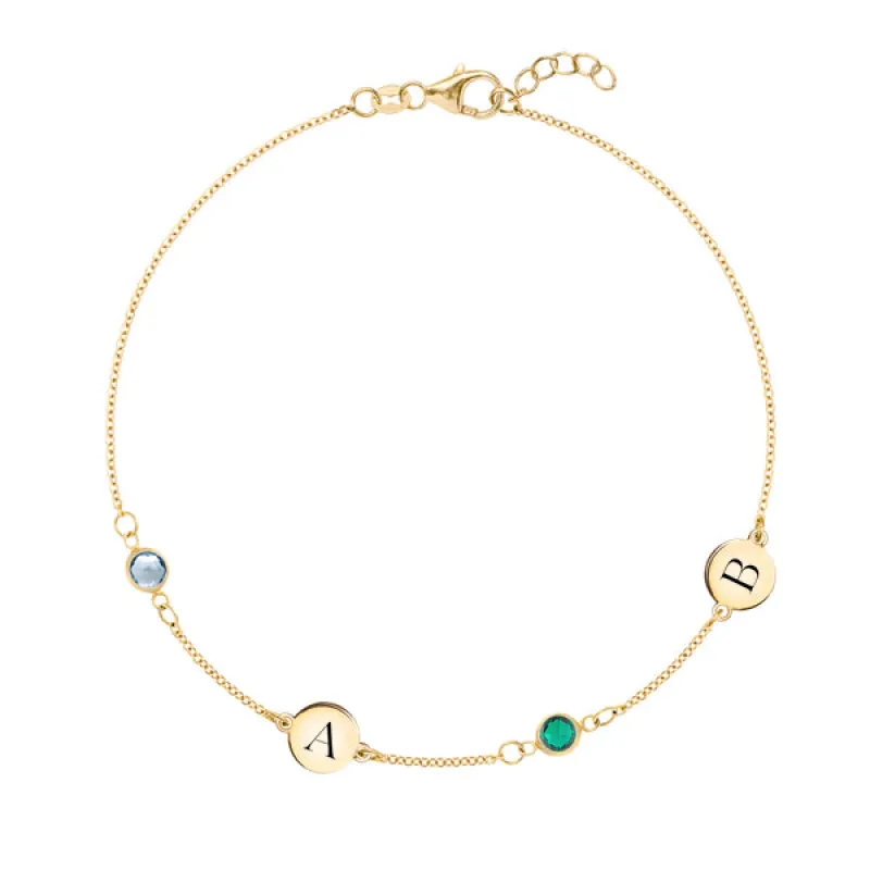 Personalized Classic 2 Letter & 2 Birthstone Bracelet in 14k Gold sold by Haverhill