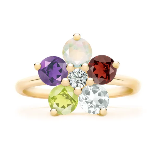 Personalized Greenwich Flower Birthstone & Diamond Ring in 14k Gold sold by Haverhill