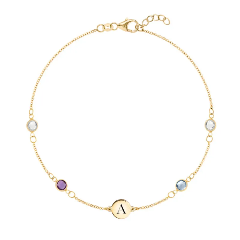 Personalized Classic 1 Letter & 4 Birthstone Bracelet in 14k Gold sold by Haverhill