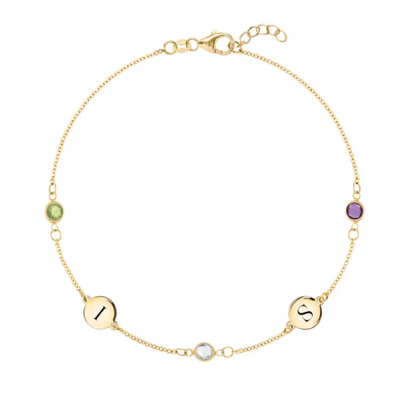 Personalized Classic 2 Letter & 3 Birthstone Bracelet in 14k Gold sold by Haverhill