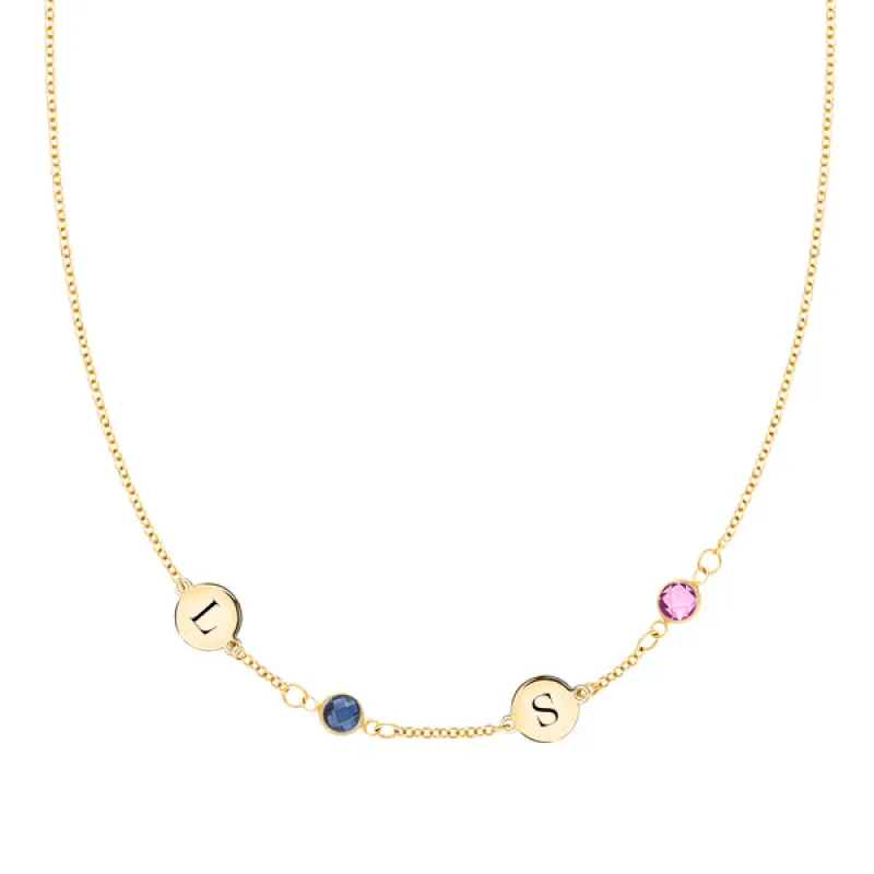 Personalized Classic 2 Letter & 2 Birthstone Necklace in 14k Gold (Single Spacing) sold by Haverhill