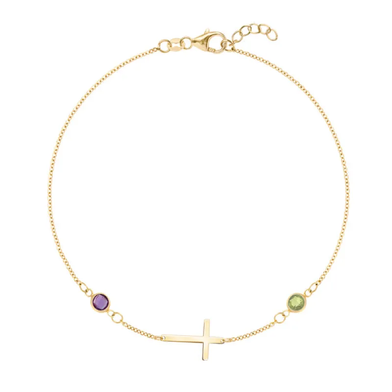 Personalized Classic Cross & 2 Birthstone Bracelet in 14k Gold sold by Haverhill