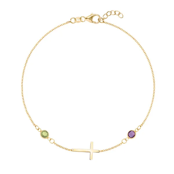 Personalized Classic Cross & 2 Birthstone Bracelet in 14k Gold sold by Haverhill
