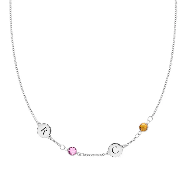 Personalized Classic 2 Letter & 2 Birthstone Necklace in 14k Gold (Single Spacing) sold by Haverhill