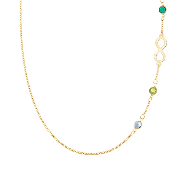 Personalized Classic Infinity & 3 Birthstone Necklace in 14k Gold sold by Haverhill