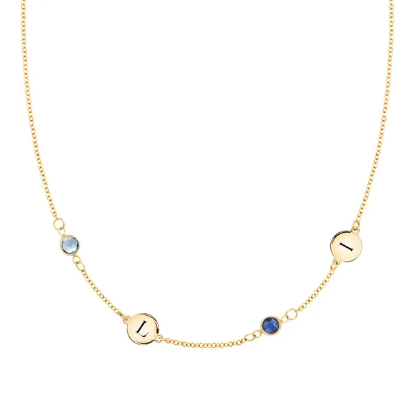 Personalized Classic 2 Letter & 2 Birthstone Necklace in 14k Gold (Double Spacing) sold by Haverhill