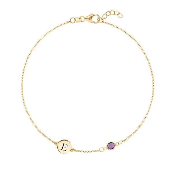Personalized Classic 1 Letter & 1 Amethyst Bracelet in 14k Gold (February) sold by Haverhill