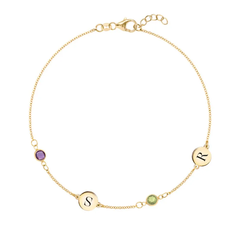 Personalized Classic 2 Letter & 2 Birthstone Bracelet in 14k Gold sold by Haverhill