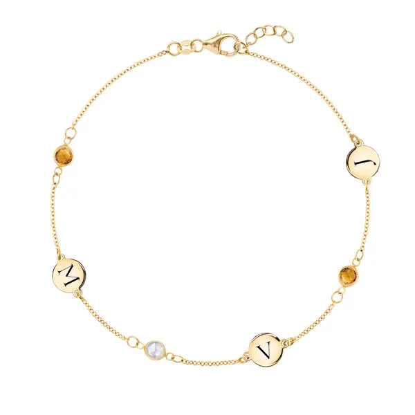 Personalized Classic 3 Letter & 3 Birthstone Bracelet in 14k Gold sold by Haverhill