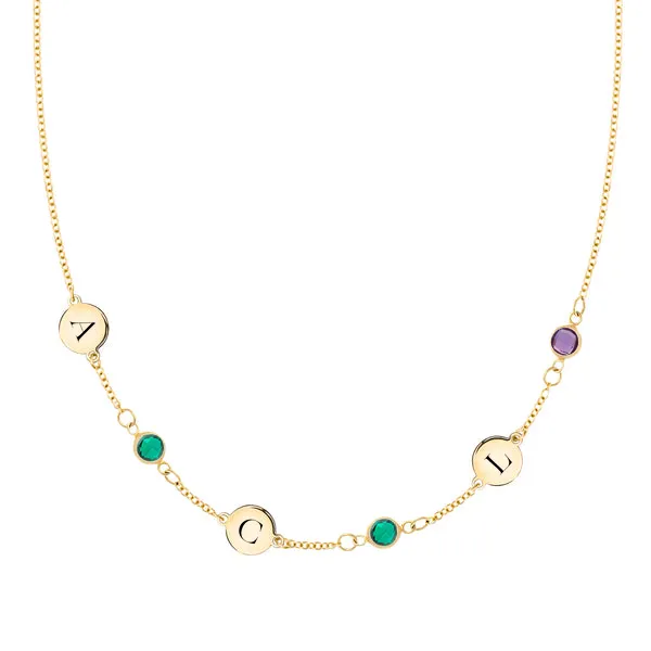Personalized Classic 3 Letter & 3 Birthstone Necklace in 14k Gold (Single Spacing) sold by Haverhill