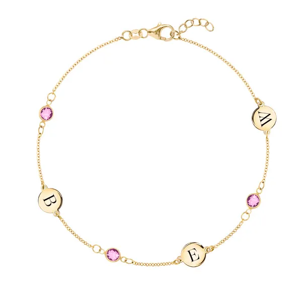 Personalized Classic 3 Letter & 3 Birthstone Bracelet in 14k Gold sold by Haverhill