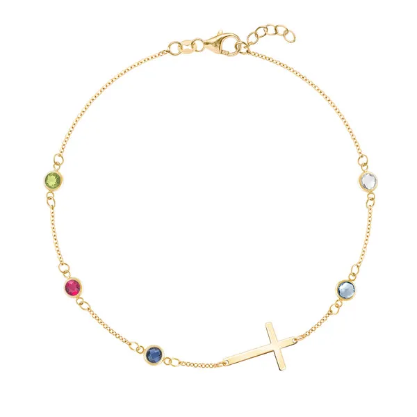 Personalized Classic Cross & 5 Birthstone Bracelet in 14k Gold sold by Haverhill