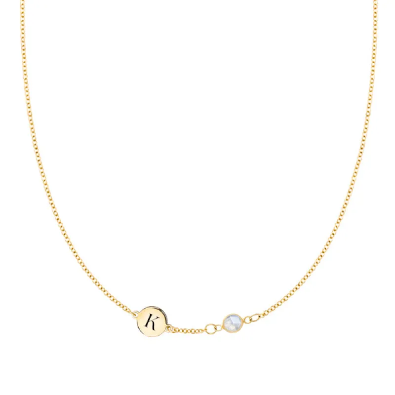 Personalized Classic 1 Letter & 1 Birthstone Necklace in 14k Gold (Single Spacing) sold by Haverhill