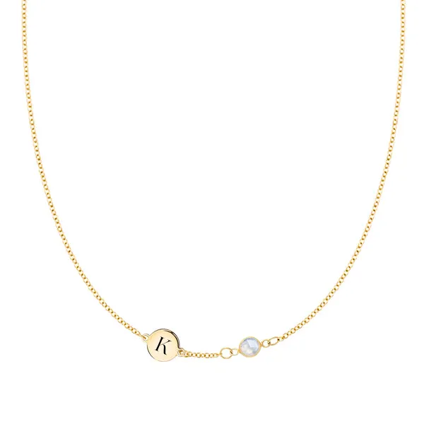 Personalized Classic 1 Letter & 1 Birthstone Necklace in 14k Gold (Single Spacing) sold by Haverhill