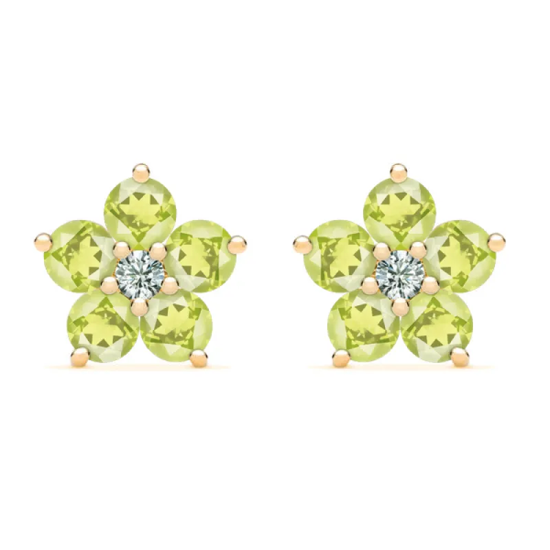 Personalized Greenwich Flower Birthstone & Diamond Earrings in 14k Gold sold by Haverhill