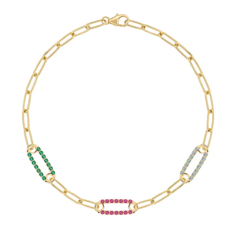 Personalized Adelaide 3 Pavé Birthstone Link Bracelet in 14k Gold sold by Haverhill