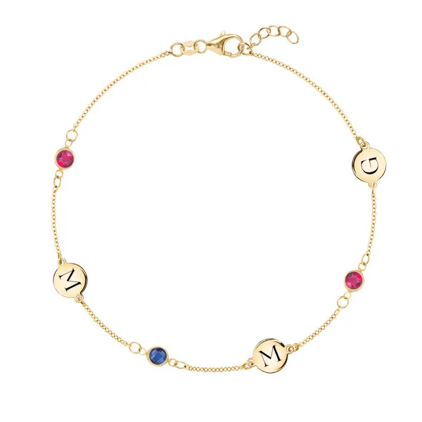 Personalized Classic 3 Letter & 3 Birthstone Bracelet in 14k Gold sold by Haverhill