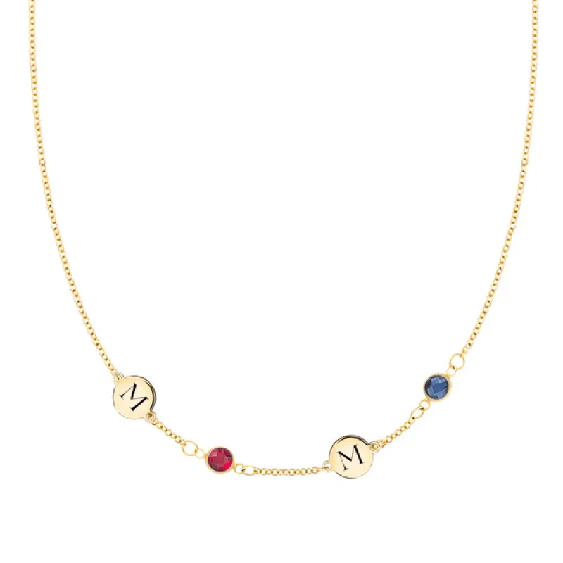 Personalized Classic 2 Letter & 2 Birthstone Necklace in 14k Gold (Single Spacing) sold by Haverhill